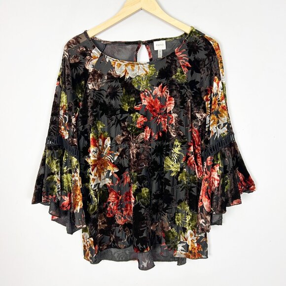Velvet Burnout Boho Gypsy Festival Fall Floral Fairy Blouse Size Large Women's - Picture 1 of 5